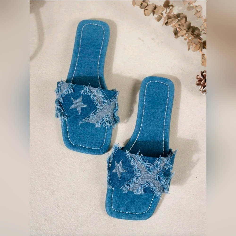 ROMWE  Denim Slide Sandals Star Fringe Pattern Sz 8.5 NEW